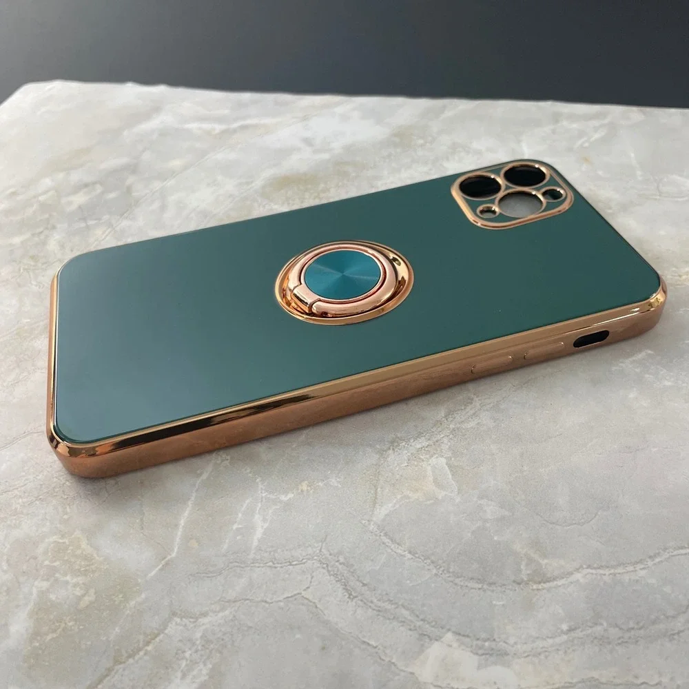UnnFiko iPhone 12 Pro Max Case Emerald Green Gold Electroplated Kickstand Ring